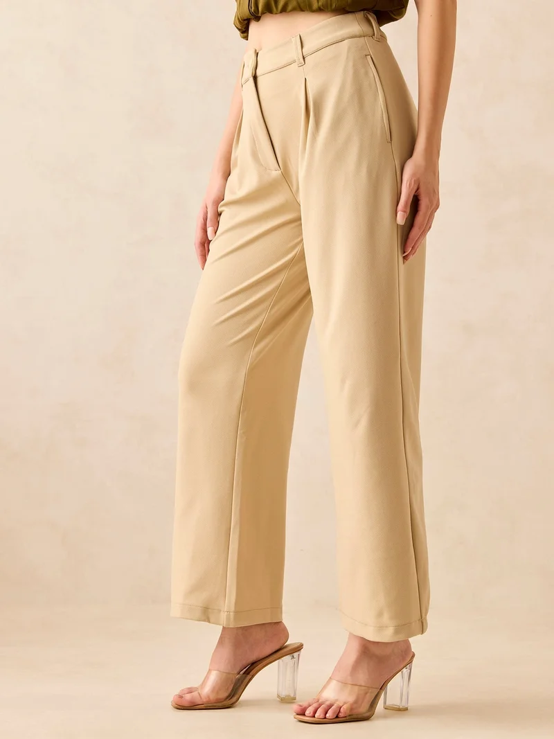 Outzidr  Brown High Waisted Wide Leg Trousers for Women | Best Price UAE